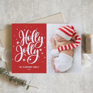 Rode Holly Jolly Hand Lettering Baby Foto Feestdagenkaart