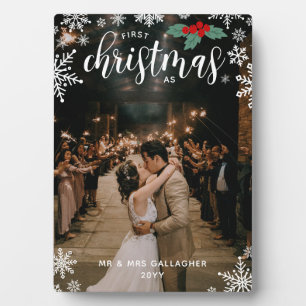 Rode Holly Sneeuwvlokken 1e Kerstmis Bruiloft Foto Fotoplaat