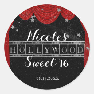 Rode HOLLYWOOD gordijnen & Zilveren Feestelijke Aa Ronde Sticker