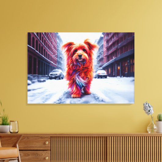 Rode hond loopt door besneeuwde winterstraat canvas afdruk (Insitu (Woonkamer))
