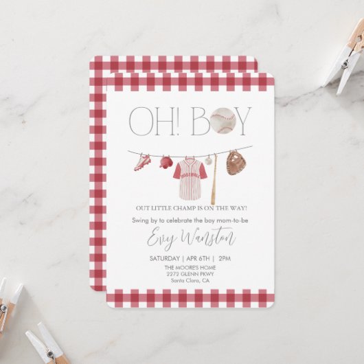 Rode honkbal Oh, jongen baby shower uitnodiging (Voorkant / Achterkant in situ)