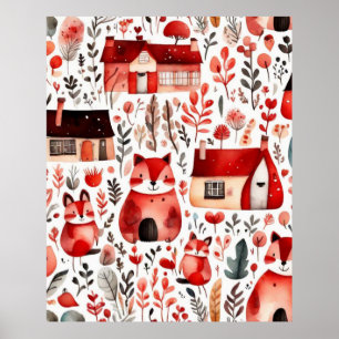 Rode huizen en huizen schattig papier blad poster