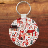 Rode huizen en huizen schattig papier blad sleutelhanger (Voorkant)