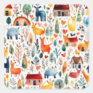 Rode huizen en huizen schattig papier blad vierkante sticker