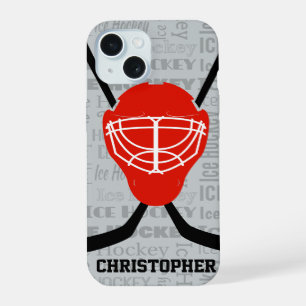 Rode ijshockeyhelm en sticks typografie iPhone 15 hoesje