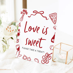 Rode Italiaans handgetekend pizza Love is Sweet bo Reclamebord Met Voetstuk