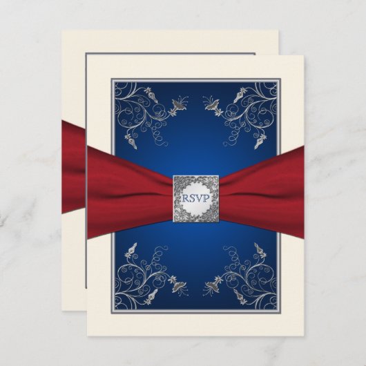 Rode, ivoorkleurige en blauwe bloemen RSVP kaart (Voorkant / Achterkant)