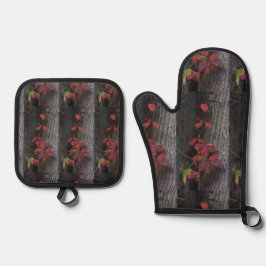 Rode Ivy Oven Mitt en Pothouders Ovenwant & Pannenlap Set