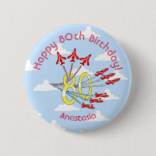 Rode Jetvliegtuigen - 80ste verjaardag (Blauwe Luc Ronde Button 5,7 Cm