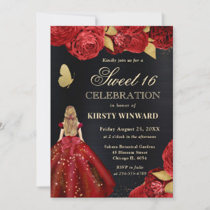 Rode jurk blondine vrouw bloemen Sweet 16 uitnodig Kaart