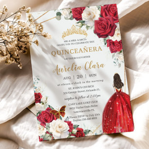 Rode Jurk Witte Rozen Bloemen Meisje Goud Quinceañ Kaart