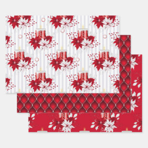 Rode Kaars & Poinsettia Pepermunt Kerstmis Inpakpapier Vel