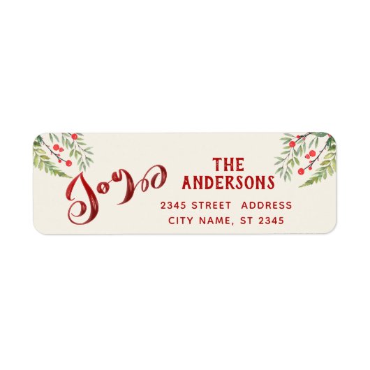 Rode kalligrafie vreugde groen hulst etiket (Voorkant)