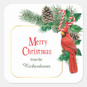Rode Kardinaal Dennenkegel Boeket Kerstmis Vierkante Sticker (Voorkant)