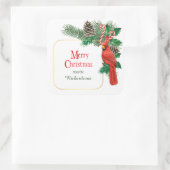 Rode Kardinaal Dennenkegel Boeket Kerstmis Vierkante Sticker (Tas)
