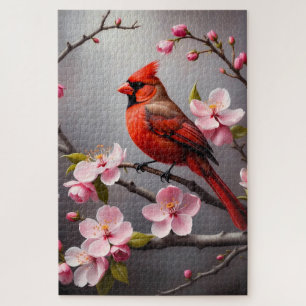 Rode Kardinaal met Roze Bloesems Vogel Legpuzzel