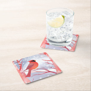 Rode Kardinaal   Mooie Aquarel Schilderij Vierkante Kartonnen Onderzetter