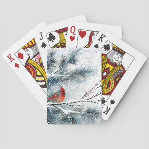 Rode Kardinaal op Besneeuwde Dennentak Pokerkaarten