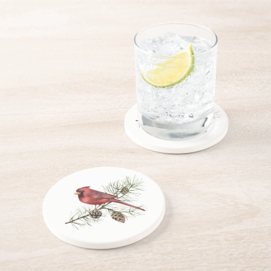 Rode kardinaal op Tak-pinnen Zandsteen Onderzetter (Zijkant)