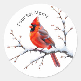 Rode kardinaal sticker op besneeuwde tak