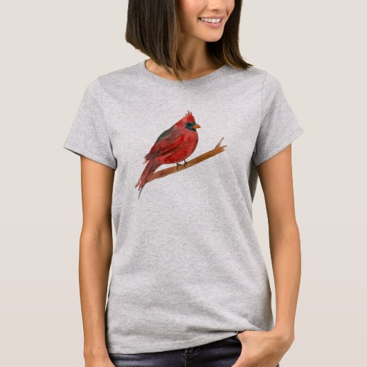 Rode Kardinaal Vogel Waterverf Schilderij T-shirt (Voorkant)