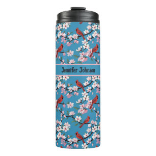 Rode Kardinaal Vogels en Roze Kersenbloesems Blauw Thermosbeker