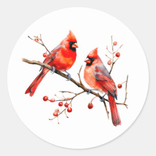 Rode Kardinaal Vogels op Holly Tree Branch Ronde Sticker