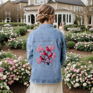 Rode Kardinaal Vogels Roze Kersenbloesem Boom Voge Denim Jacket