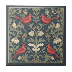 Rode Kardinaal Vogels Vintage William Morris stijl Tegeltje