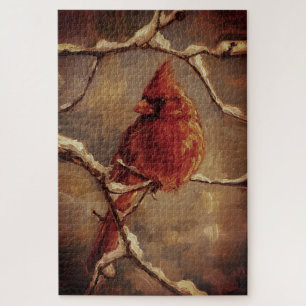 Rode Kardinaalvogel Olie Schilderij – Wintertak Legpuzzel
