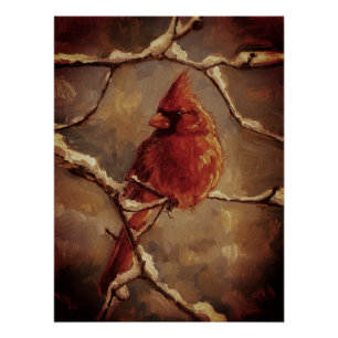 Rode Kardinaalvogel Olie Schilderij – Wintertak Perfect Poster