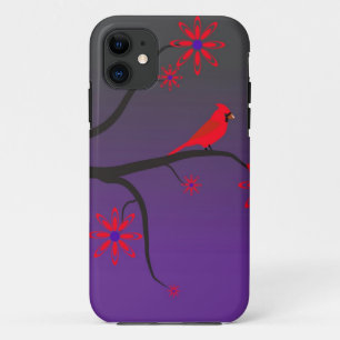 Rode kardinale vogel in een boom op paarse achterg iPhone 11 hoesje