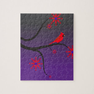 Rode kardinale vogel in een boom op paarse achterg legpuzzel