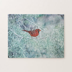 Rode kardinale vogel in sneeuwbomen Kunst Puzzle Legpuzzel