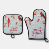 Rode kardinale vogelbomen sneeuwkerst ovenwant & pannenlap set (Voorkant)