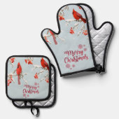 Rode kardinale vogelbomen sneeuwkerst ovenwant & pannenlap set (Voorkant / Achterkant)