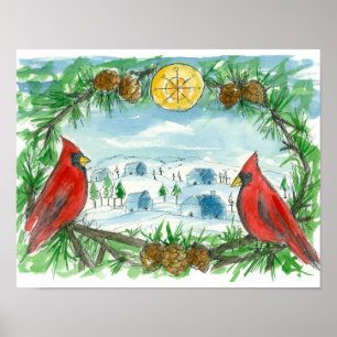 Rode kardinale vogels Wintersneeuwschilderij Poster