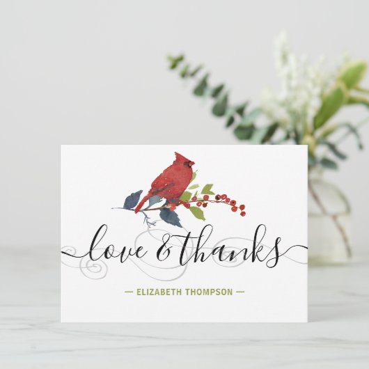 Rode kardinale Waterverf Monogram Love & Bedankt (Staand voorkant)