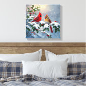 Rode kardinalen en Holly in de sneeuw Canvas Afdruk (Insitu (Slaapkamer))