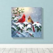 Rode kardinalen en Holly in de sneeuw Canvas Afdruk (Insitu (Houten vloer))