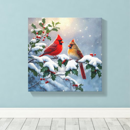 Rode kardinalen en Holly in de sneeuw Canvas Afdruk (Insitu (Houten vloer))