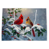 Rode kardinalen en Holly in de sneeuw Groot Cadeauzakje (Voorkant)