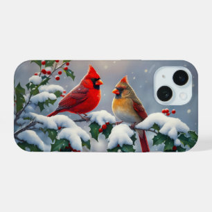 Rode kardinalen en hulst in de sneeuw iPhone 15 hoesje