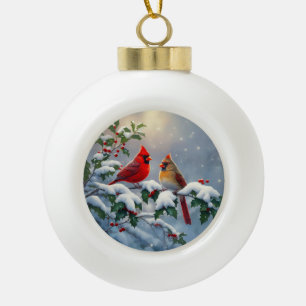 Rode kardinalen en hulst in de sneeuw keramische bal ornament