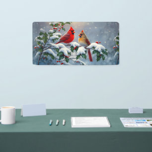 Rode kardinalen en hulst in de sneeuw spandoek