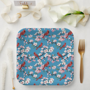 Rode kardinalen en roze kersenbloesems blauw papieren bordje