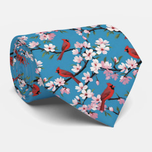 Rode kardinalen en roze kersenbloesems blauw stropdas