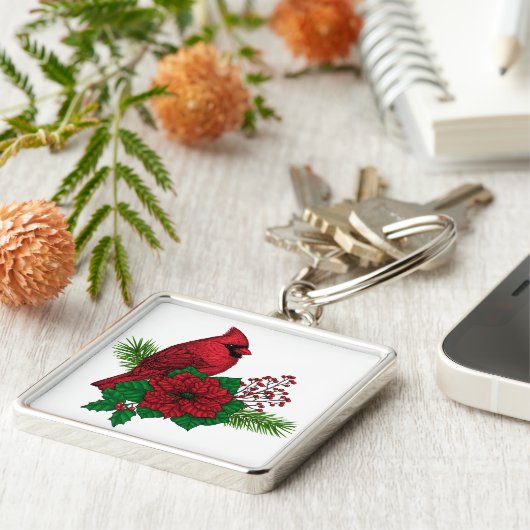 Rode kardinalen voor kerstversiering sleutelhanger (Zijkant)