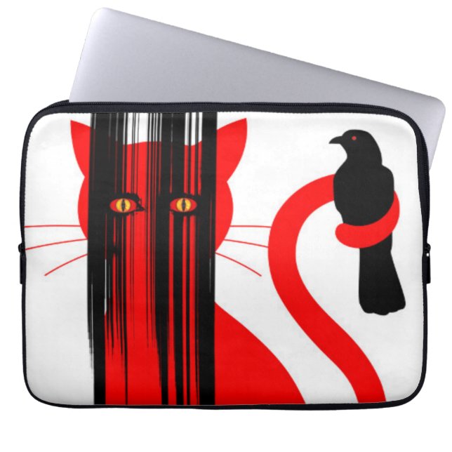 Rode kat en een zwarte vogel laptop sleeve (Voorkant)