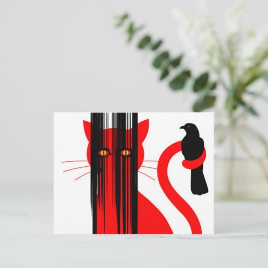 Rode kat en zwarte vogel briefkaart (Staand voorkant)